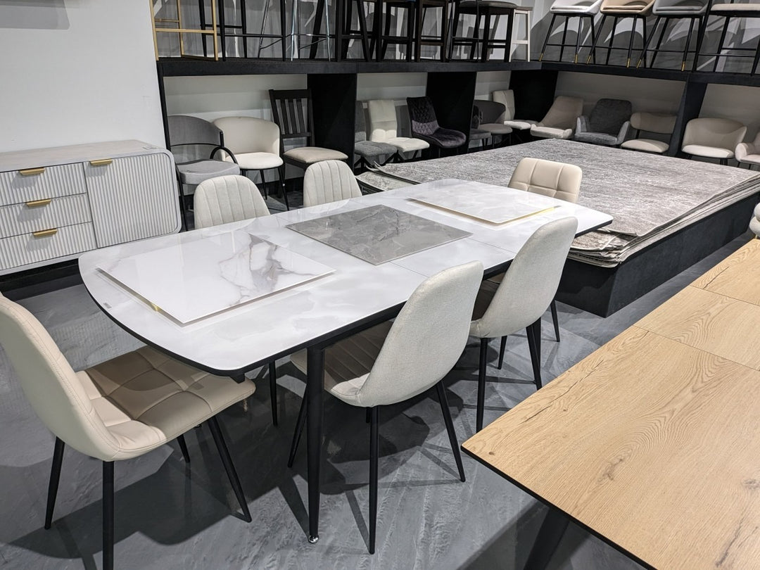 Elvora Dining Table – Modern Extendable Grey Top Dining Table with Black Metal Legs