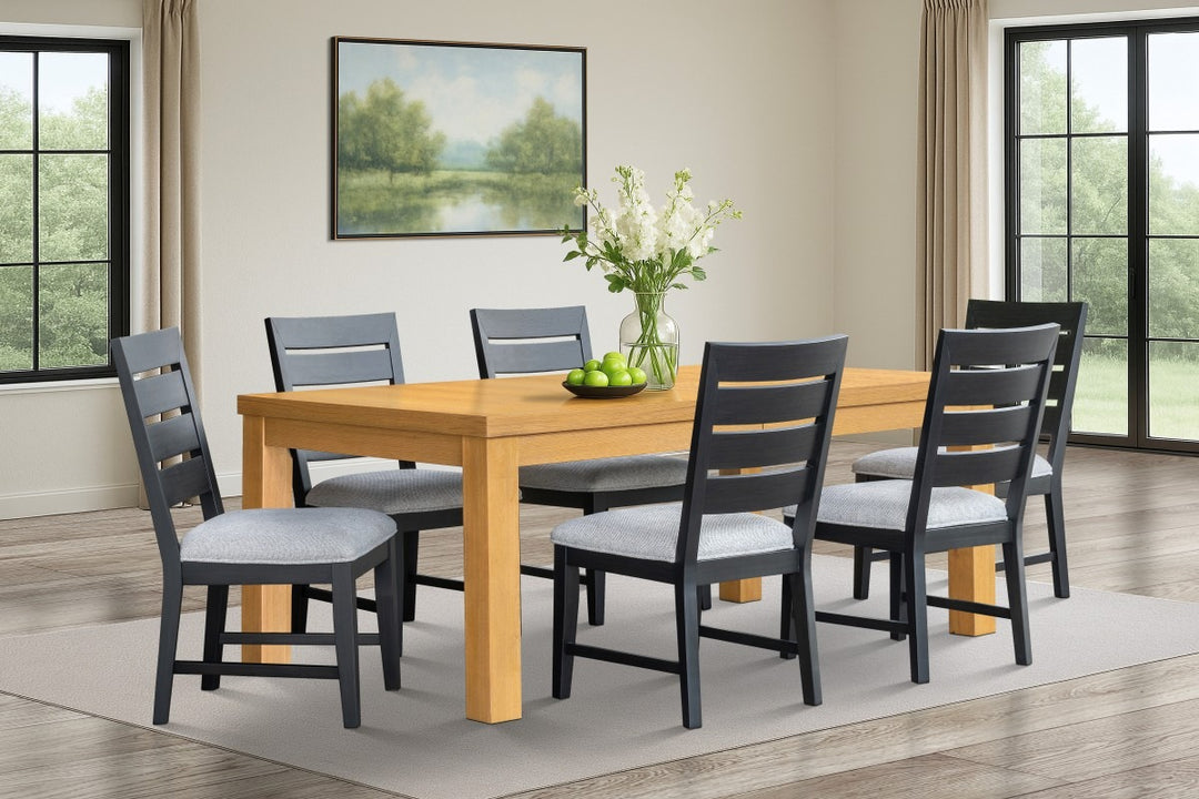 Solviano 7-Piece Luxury Oak & Black Extension Dining Table Set with 6 Upholstered Memory Foam Chairs