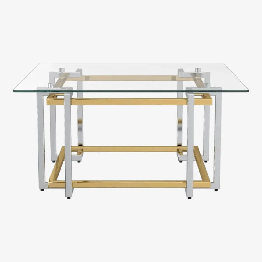 Illumina Coffee Table – Clear Tempered Glass Top & Gold–Silver Metallic Frame