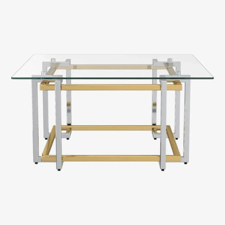 Illumina Coffee Table – Clear Tempered Glass Top & Gold–Silver Metallic Frame