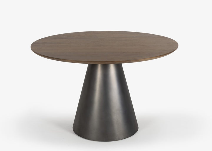 Zarelli Luxury Solid Mango Wood Round Dining Table with Black Sculptural Metal Pedestal Base | Contemporary Elegance