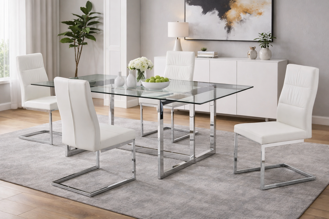 Velmora Contemporary Dining Set – Sleek Glass Dining Table with Modern Chairs