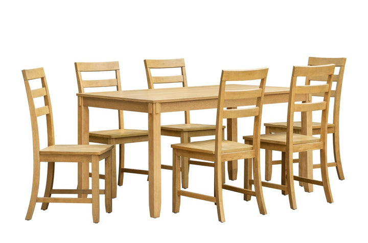 Thalorin 7-Piece Wooden Dining Set – Rectangular Solid Rubberwood Table with 6 Ladder-Back Chairs | Oak Finish Family Dining Set