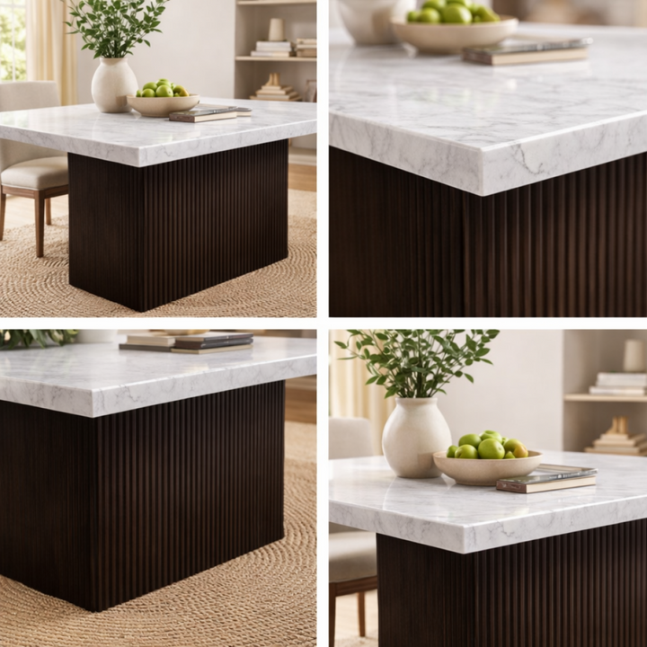 Cedarwood Modern Dining Table – Fluted Mango Wood Base & Marble Top Luxury Style