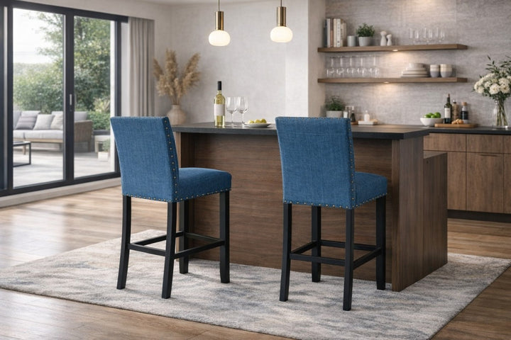 Taviano 2-Piece Upholstered Bar Stool Set – Solid Rubberwood with Nailhead Trim