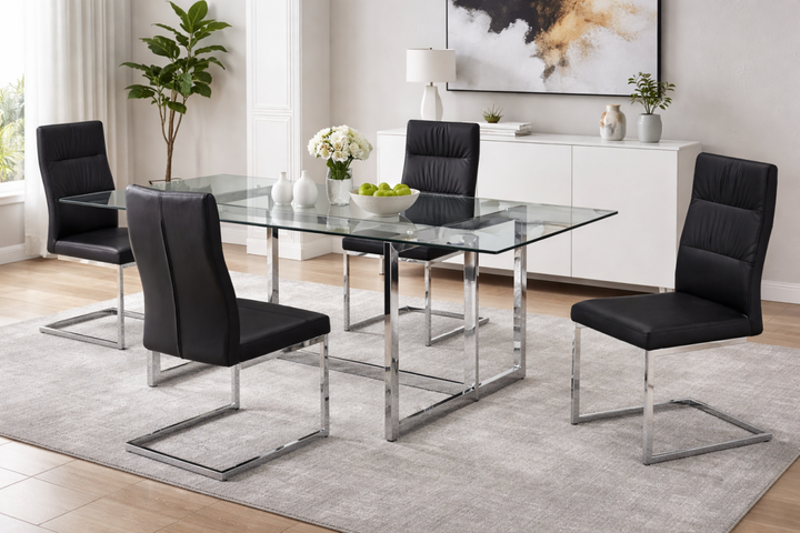 Orynth 5-Piece Dining Set – Contemporary Tempered Glass Table with Metal Frame Chairs
