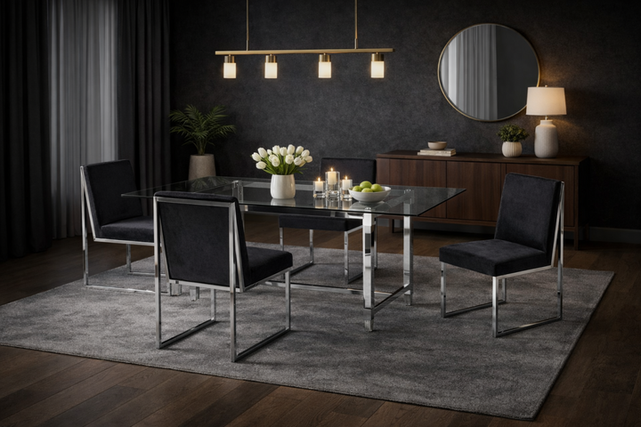 Marevian 5-Piece Dining Set – Contemporary Glass Table with Chrome Frame Modern Chairs