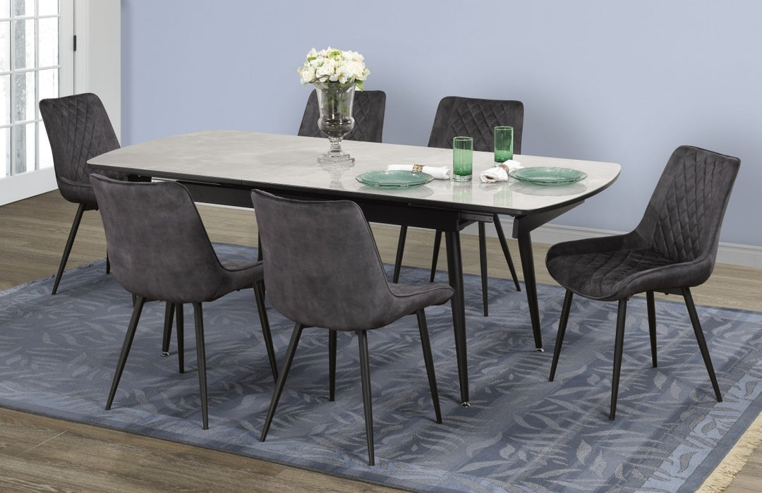 Elvora Dining Table – Modern Extendable Grey Top Dining Table with Black Metal Legs