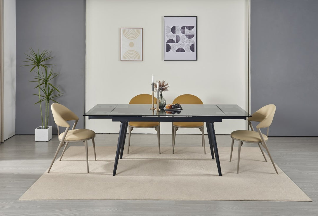 Lumora Extendable Glass Dining Table with Black Metal Frame | Modern 6–8 Seater Convertible Dining Table Design