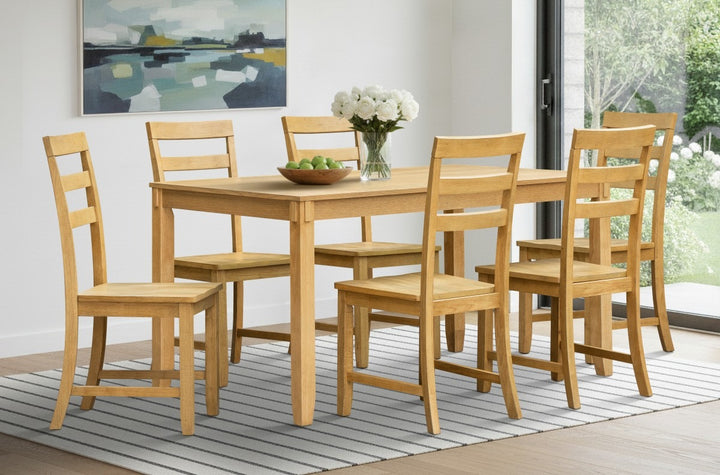 Thalorin 7-Piece Wooden Dining Set – Rectangular Solid Rubberwood Table with 6 Ladder-Back Chairs | Oak Finish Family Dining Set