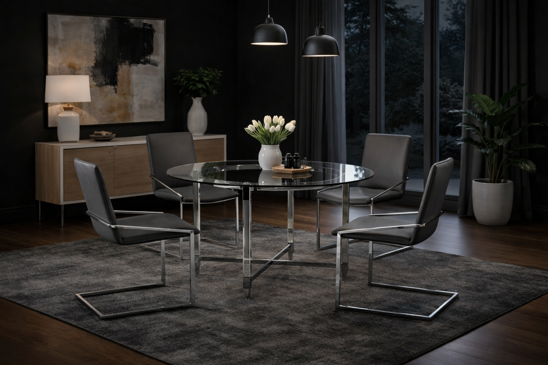 Cedarveil Dining Set – Modern 5-Piece Round Glass Table with Acrylic Base & Chrome Chairs