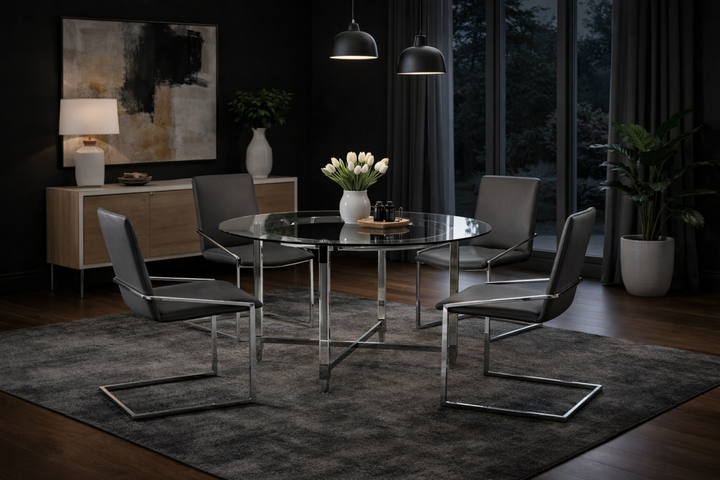 Cedarveil Dining Set – Modern 5-Piece Round Glass Table with Acrylic Base & Chrome Chairs
