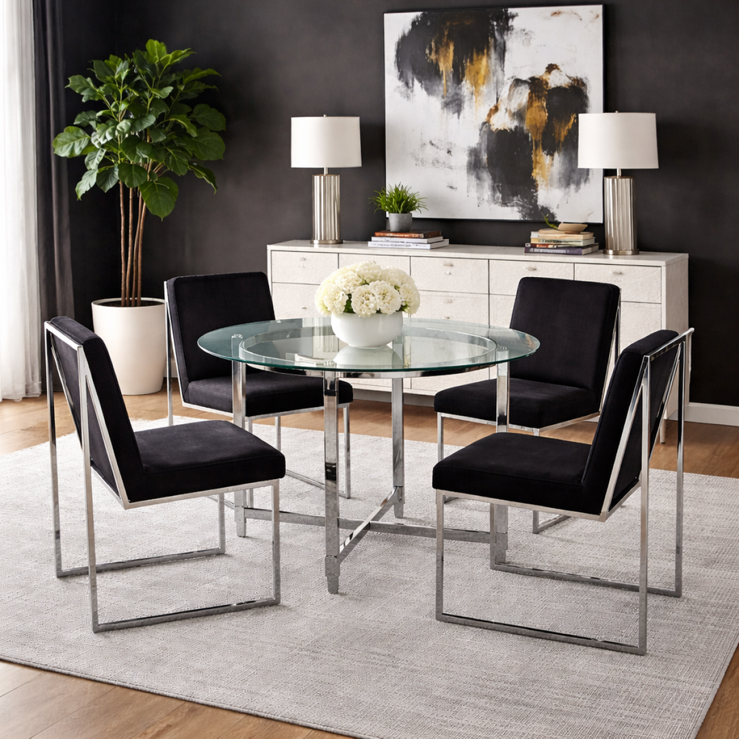 Cedarveil Dining Set – Modern 5-Piece Round Glass Table with Acrylic Legs & Chrome Chairs