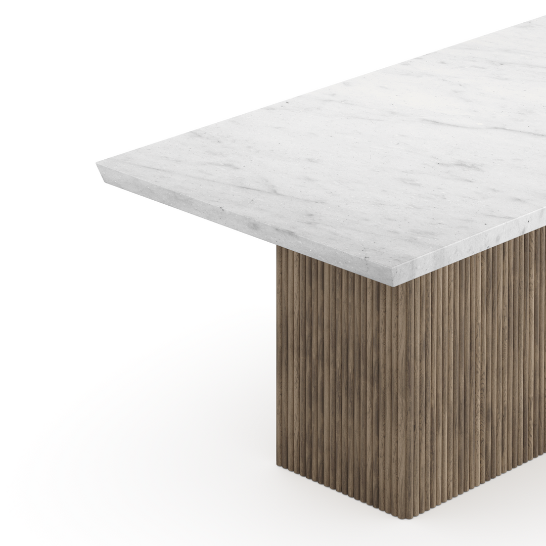 Timberly Contemporary Marble Dining Table with Solid Mango Wood Fluted Base and Premium Crafted Design