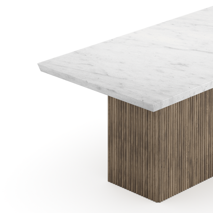 Timberly Contemporary Marble Dining Table with Solid Mango Wood Fluted Base and Premium Crafted Design