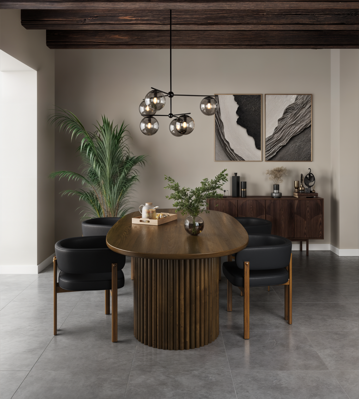 Brevona Oval Dining Table – Solid Mango Wood with Double Fluted Pedestal Base