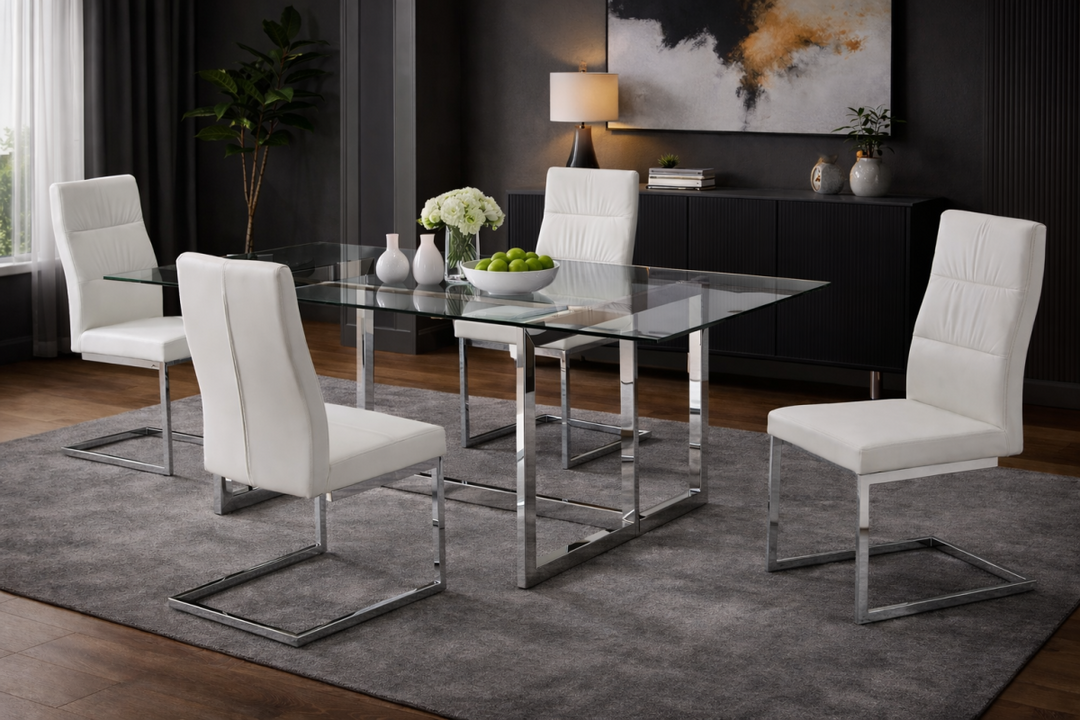 Velmora Contemporary Dining Set – Sleek Glass Dining Table with Modern Chairs