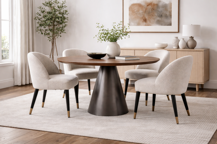 Zarelli Luxury Solid Mango Wood Round Dining Table with Black Sculptural Metal Pedestal Base | Contemporary Elegance