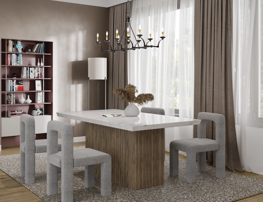 Timberly Contemporary Marble Dining Table with Solid Mango Wood Fluted Base and Premium Crafted Design