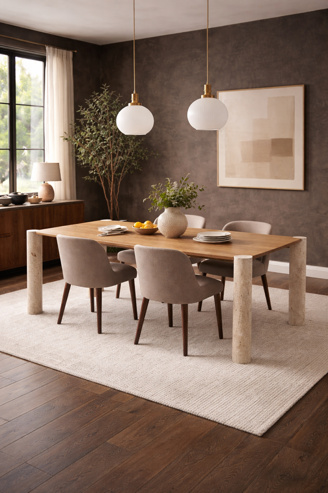 Arvelle Solid Mango Wood Dining Table with Travertine Stone Legs | Luxury Modern Organic Design
