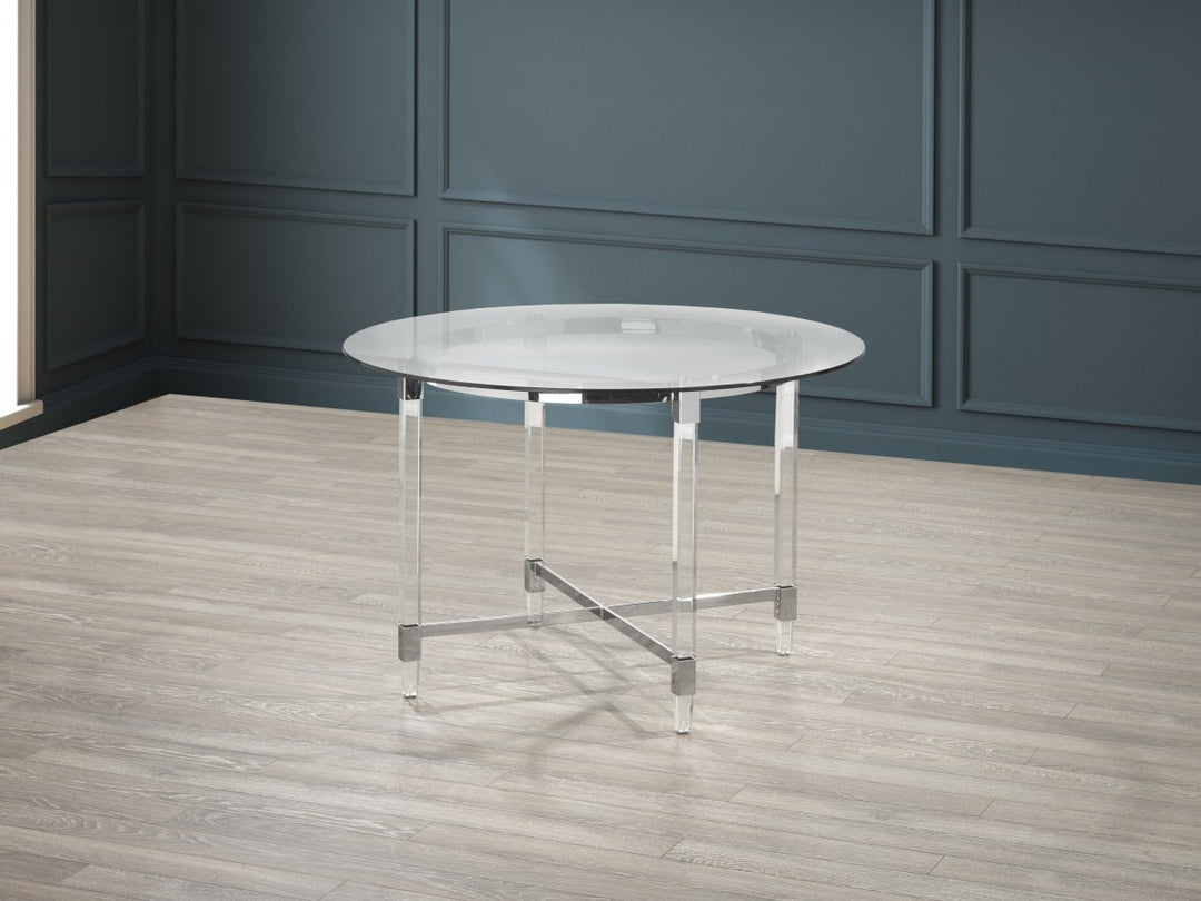 Cedarveil Dining Set – Modern 5-Piece Round Glass Table with Acrylic Legs & Chrome Chairs