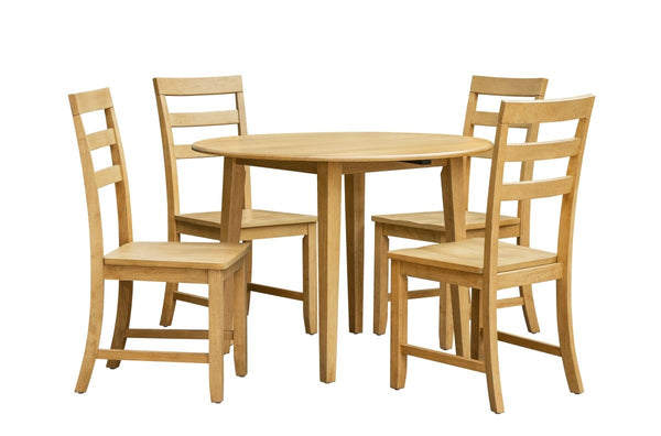 Thalorin 5-Piece Wooden Drop-Leaf Dining Set – Round Solid Rubberwood Table with 4 Ladder-Back Chairs | Oak Finish Space-Saving Dining Set