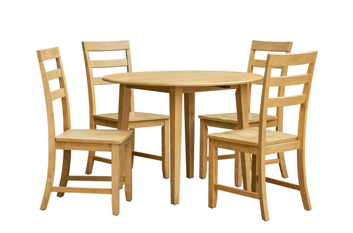 Thalorin 5-Piece Wooden Drop-Leaf Dining Set – Round Solid Rubberwood Table with 4 Ladder-Back Chairs | Oak Finish Space-Saving Dining Set