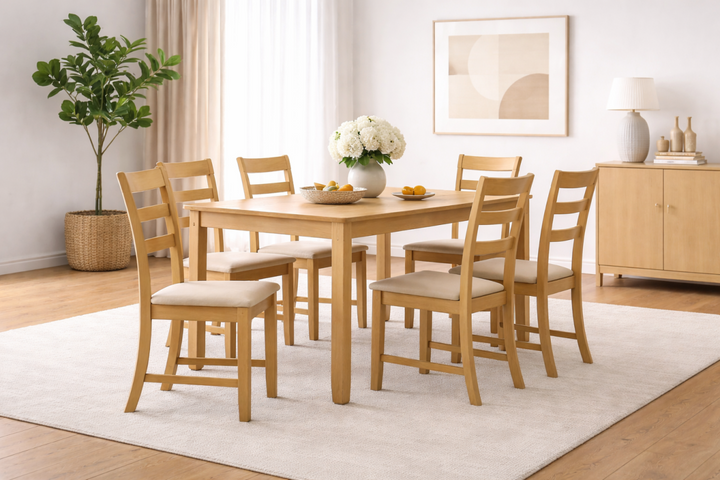 Thalorin 7-Piece Wooden Dining Set – Rectangular Solid Rubberwood Table with 6 Ladder-Back Chairs | Oak Finish Family Dining Set