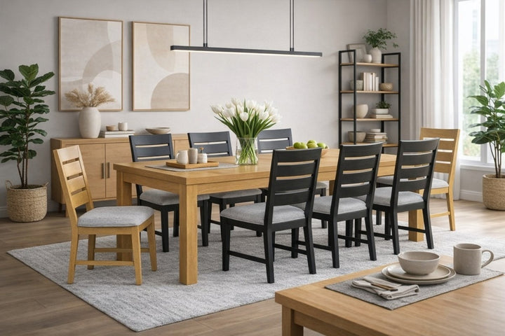 Solviano 9-Piece Luxury Oak & Black Extension Dining Table Set with 8 Upholstered Memory Foam Chairs