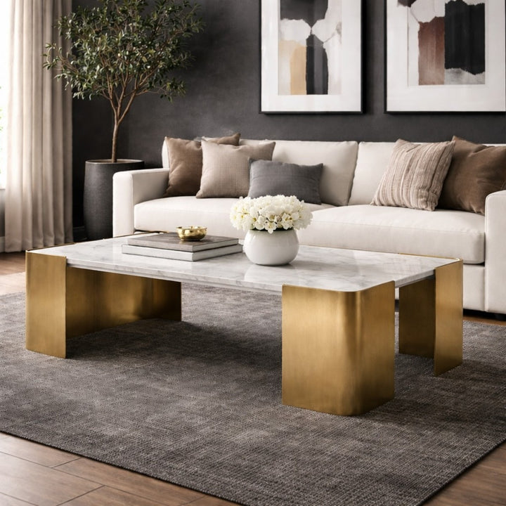 Regalia Luxury Marble Coffee Table with Tapered Stone Top & Gold Finished Metal Legs for Modern Elegant Living Rooms