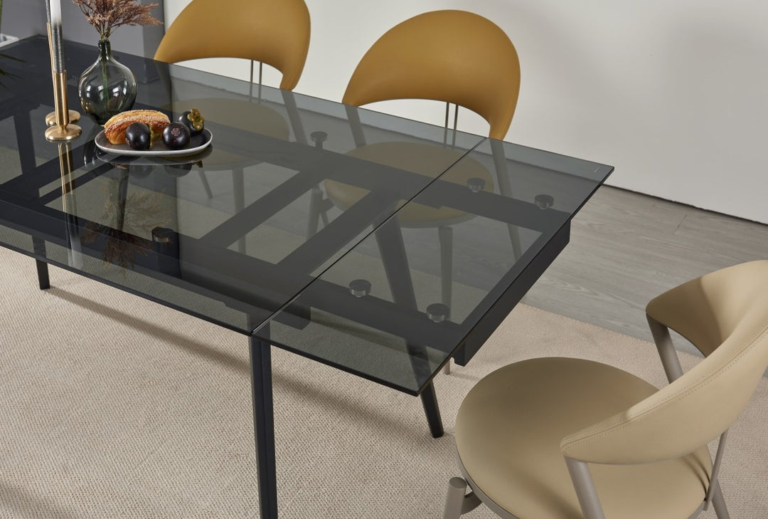 Lumora Extendable Glass Dining Table with Black Metal Frame | Modern 6–8 Seater Convertible Dining Table Design