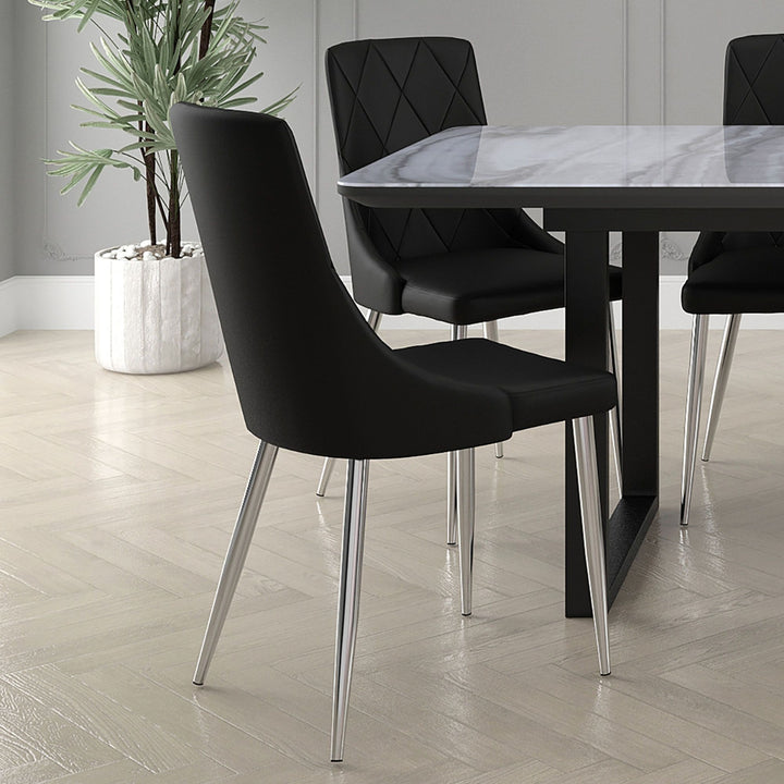 Corenza Mid-Century Modern Dining Chair with Faux Leather Upholstery, Curved Wood Seat Frame & Chrome Metal Legs – Set of 2