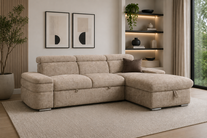 Ashbourne Sectional Sleeper Sofa with Pull-Out Bed, Storage Chaise and Premium Fabric Upholstery