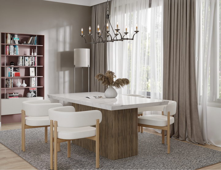 Timberly Contemporary Marble Dining Table with Solid Mango Wood Fluted Base and Premium Crafted Design