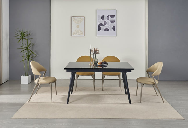 Lumora Extendable Glass Dining Table with Black Metal Frame | Modern 6–8 Seater Convertible Dining Table Design