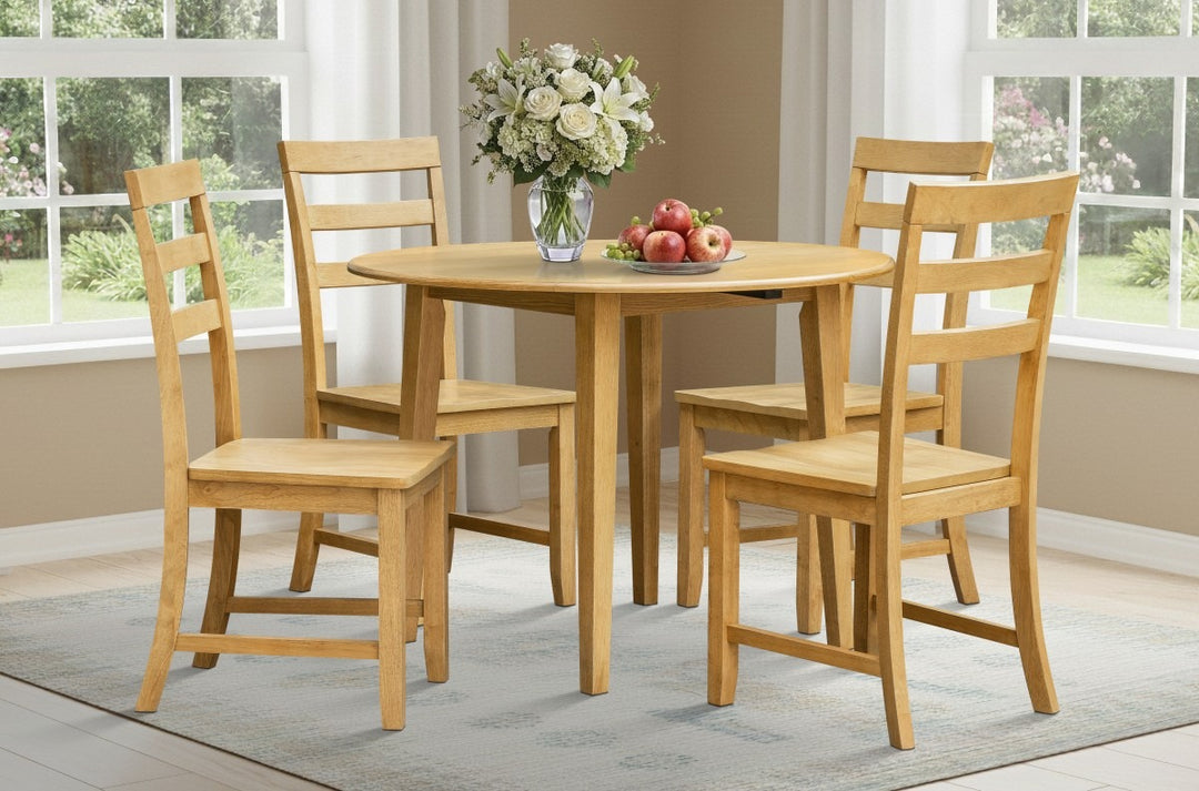 Thalorin 5-Piece Wooden Drop-Leaf Dining Set – Round Solid Rubberwood Table with 4 Ladder-Back Chairs | Oak Finish Space-Saving Dining Set
