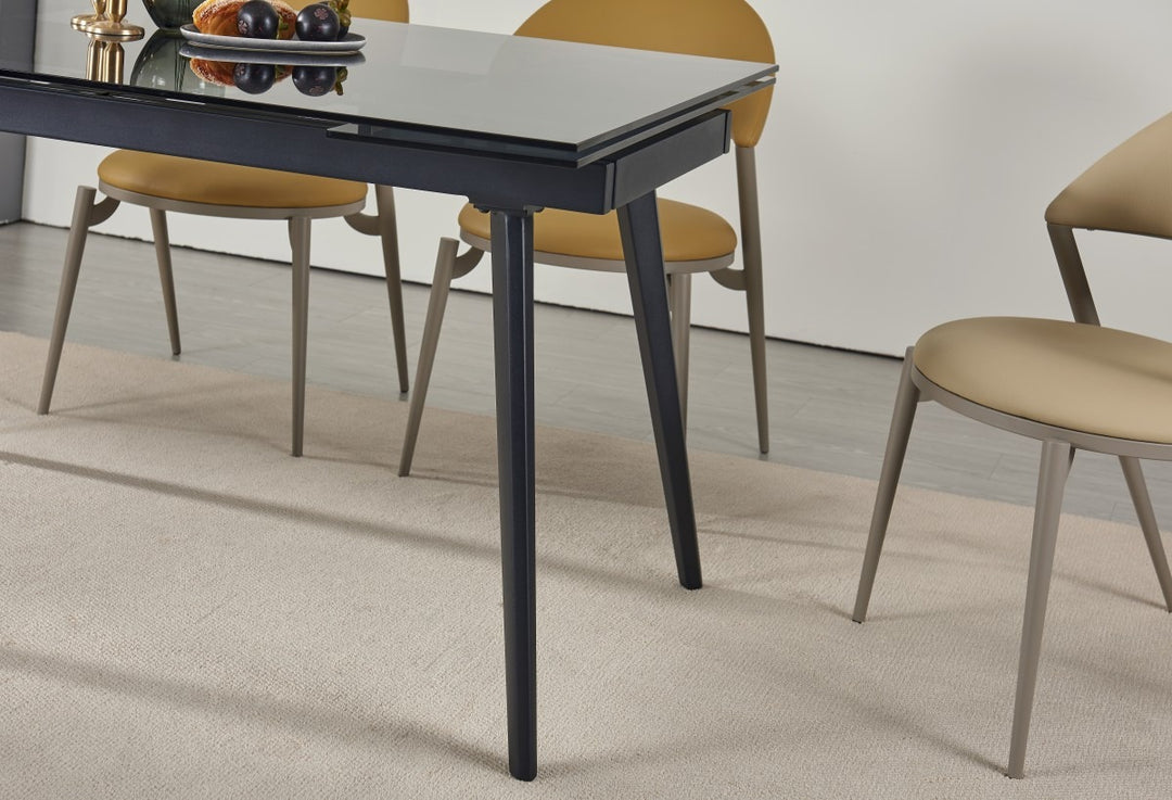 Lumora Extendable Glass Dining Table with Black Metal Frame | Modern 6–8 Seater Convertible Dining Table Design