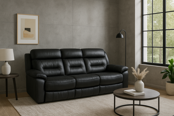 Rivaro Leather Upholstered Recliner Sofa - Midnight Black | Luxury, Comfortable, Stylish & Durable