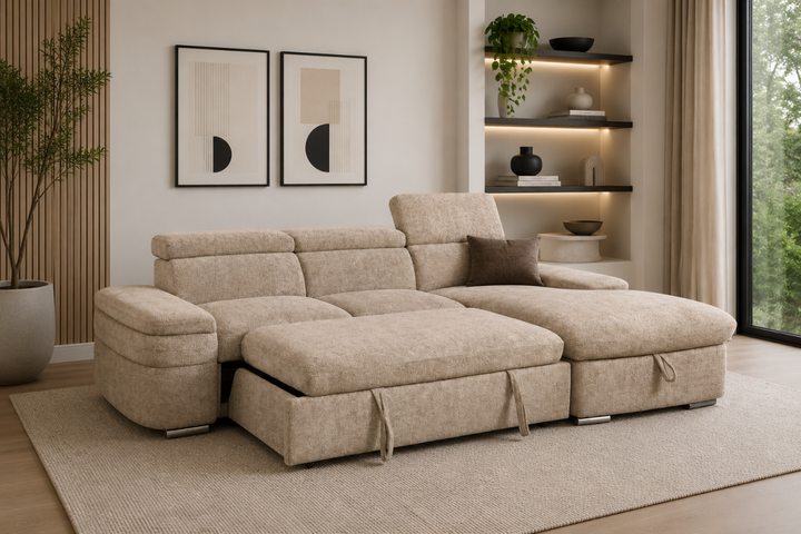 Ashbourne Sectional Sleeper Sofa with Pull-Out Bed, Storage Chaise and Premium Fabric Upholstery