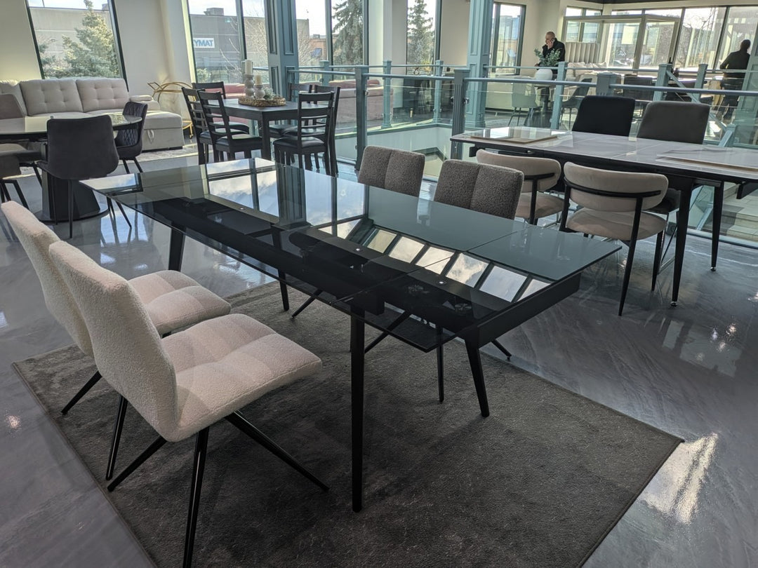 Lumora Extendable Glass Dining Table with Black Metal Frame | Modern 6–8 Seater Convertible Dining Table Design