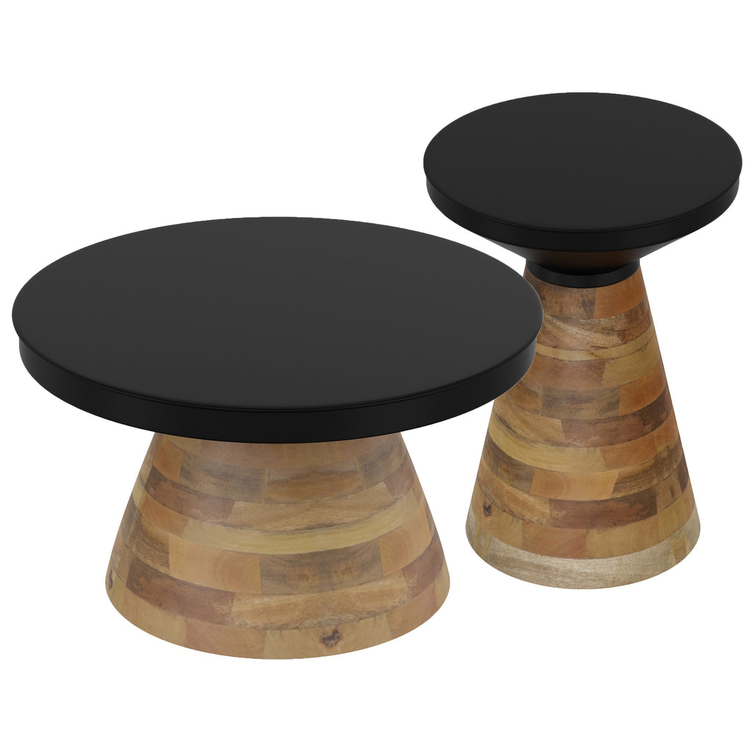 Dravon 2-Piece Round Coffee Table Set – Black Iron Top with Solid Mango Wood Base (Light Walnut Finish)