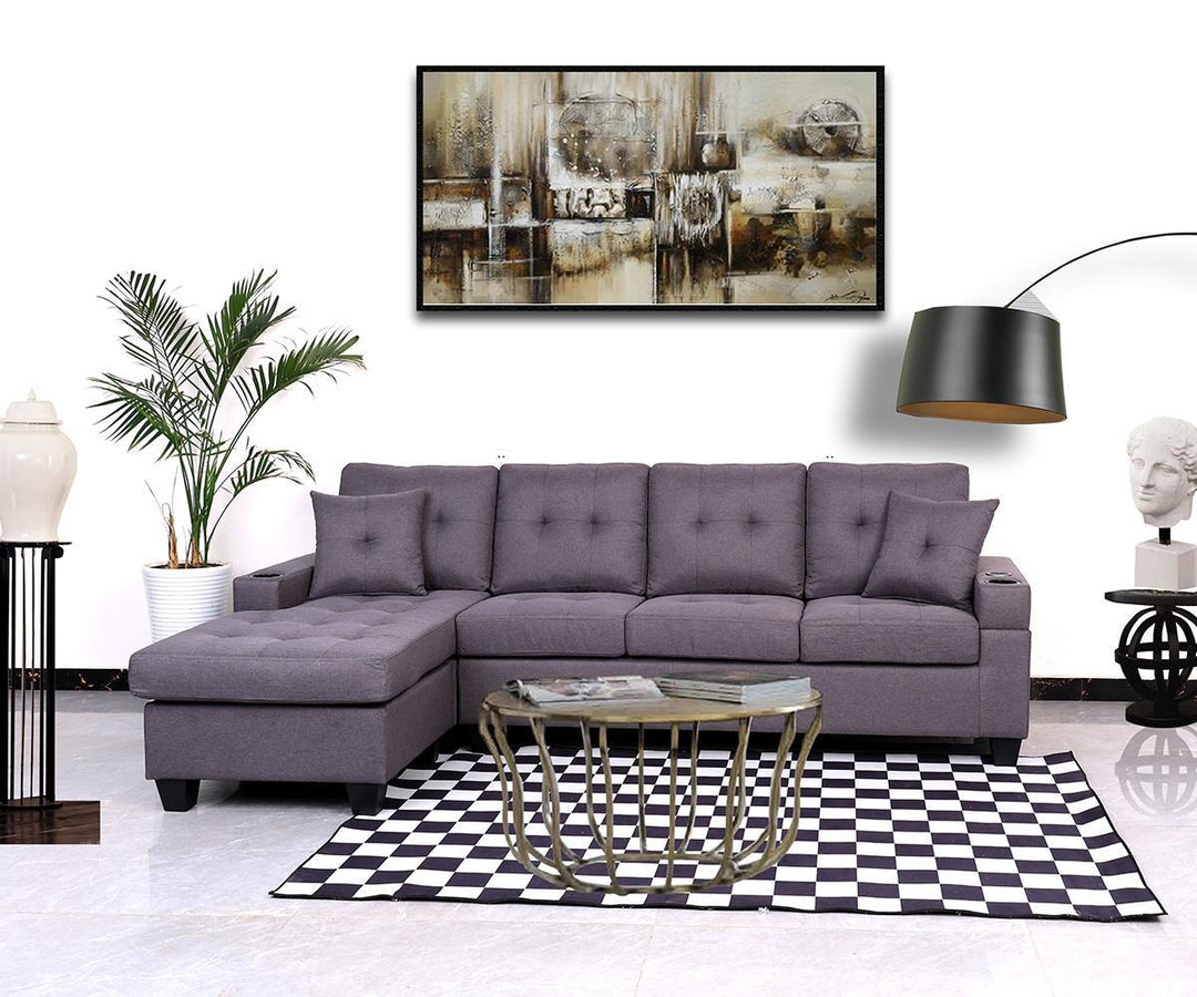 Willow Fabric Upholstered Sectional Sofa With USB & Wireless Charger - Grey | Modern, Sturdy, Comfortable & Reversible