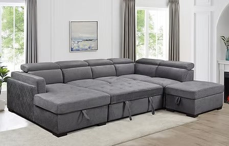 Novira Sofa Bed Sectional – Left Hand Facing Chaise with Lift Up Storage, Floating Ottoman, Adjustable Headrests