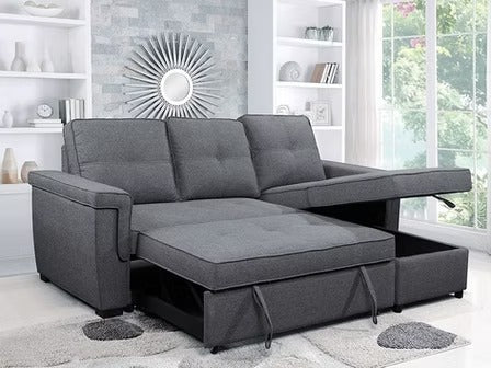 Calviero Convertible Sofa Bed Sectional – Reversible Chaise Sleeper Sofa with Lift-Up Storage Compartment, Piping Details and Soft Grey Fabric Upholstery