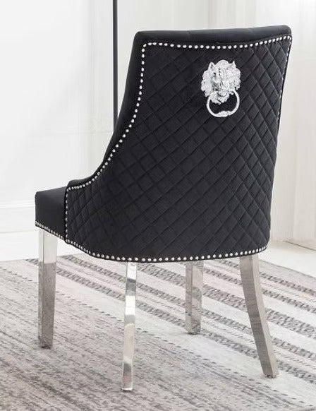 Zenvoro 2-Piece Luxury Dining Chair Set – Black Velvet Chrome Lion Knocker Dining Chairs with Diamond Quilted Back & Button Tufted Design