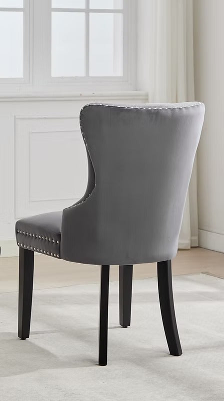 Marvexio 2-Piece Dining Chairs – Soft-Touch Grey Velvet Button Tufted Design with Nailhead Details & Dark Espresso Wooden Legs for Luxury Dining Spaces