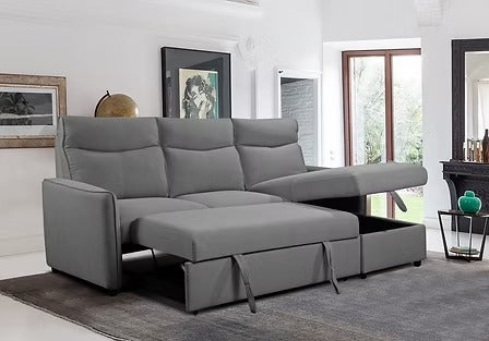 Solvantis Convertible Sofa Bed Sectional – Reversible Chaise Sleeper Sofa with Lift-Up Storage Compartment and Soft Grey Fabric Upholstery