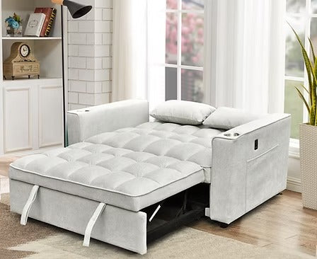 Arquelio Convertible Sofa Bed Sectional – Adjustable Backrest Sleeper Sofa with USB Charging Station, Cup Holders, Side Storage Pocket and Silver Grey Fabric Upholstery