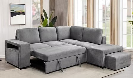 Velquion Convertible Sofa Bed Sectional – Right-Hand Facing Chaise Sleeper Sofa with Lift-Up Storage, Floating Ottoman Set and Soft Grey Fabric Upholstery
