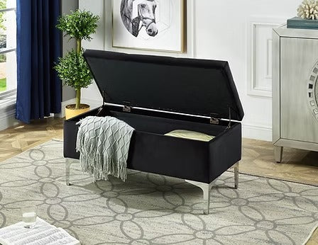 Elvirox Velvet Storage Bench – Black Deep Tufted Bench with Chrome Legs and Lift Top Storage
